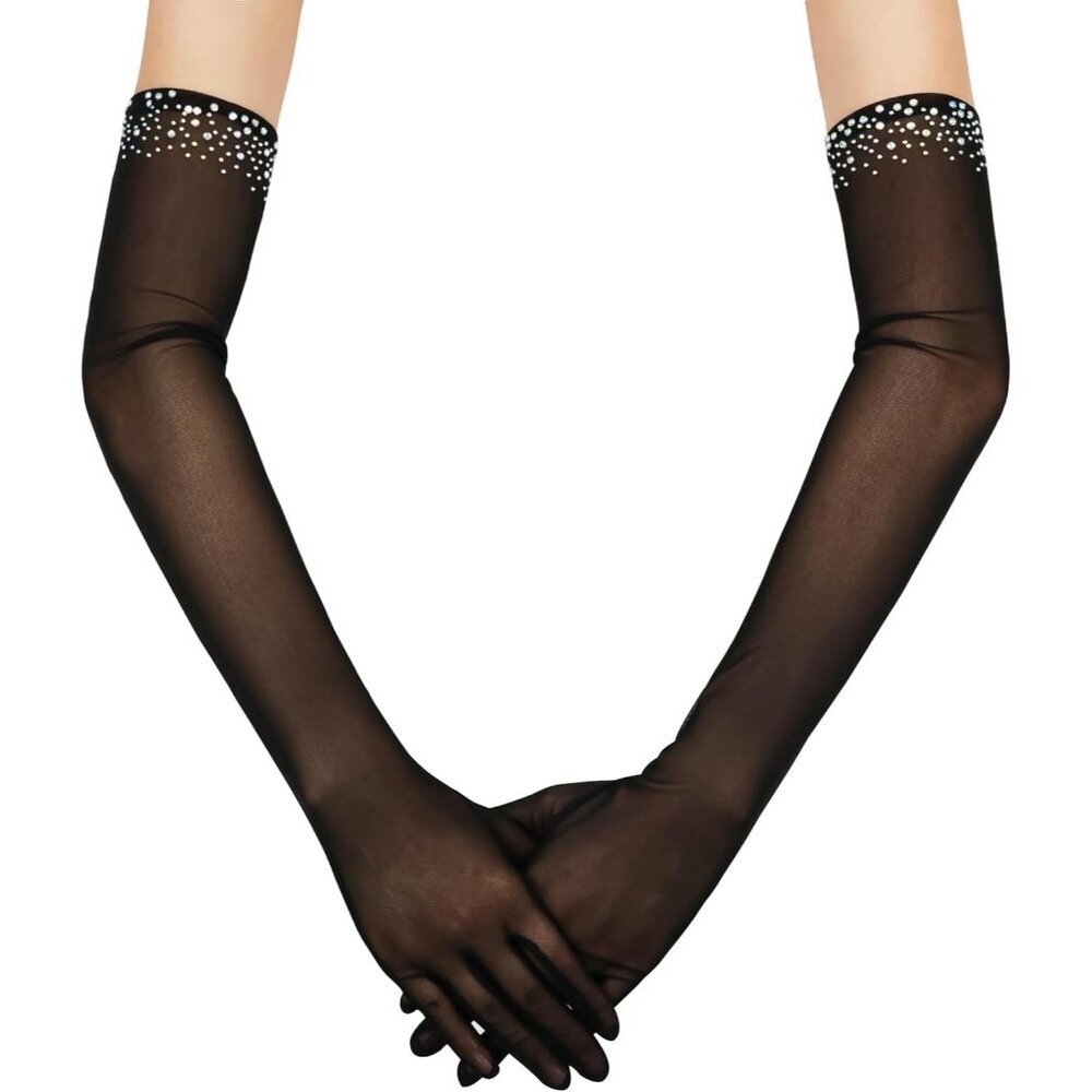 Women's Sexy Pearl White Beaded Long Gloves Tulle Mesh Wedding Party Prom - Picture 4 of 7